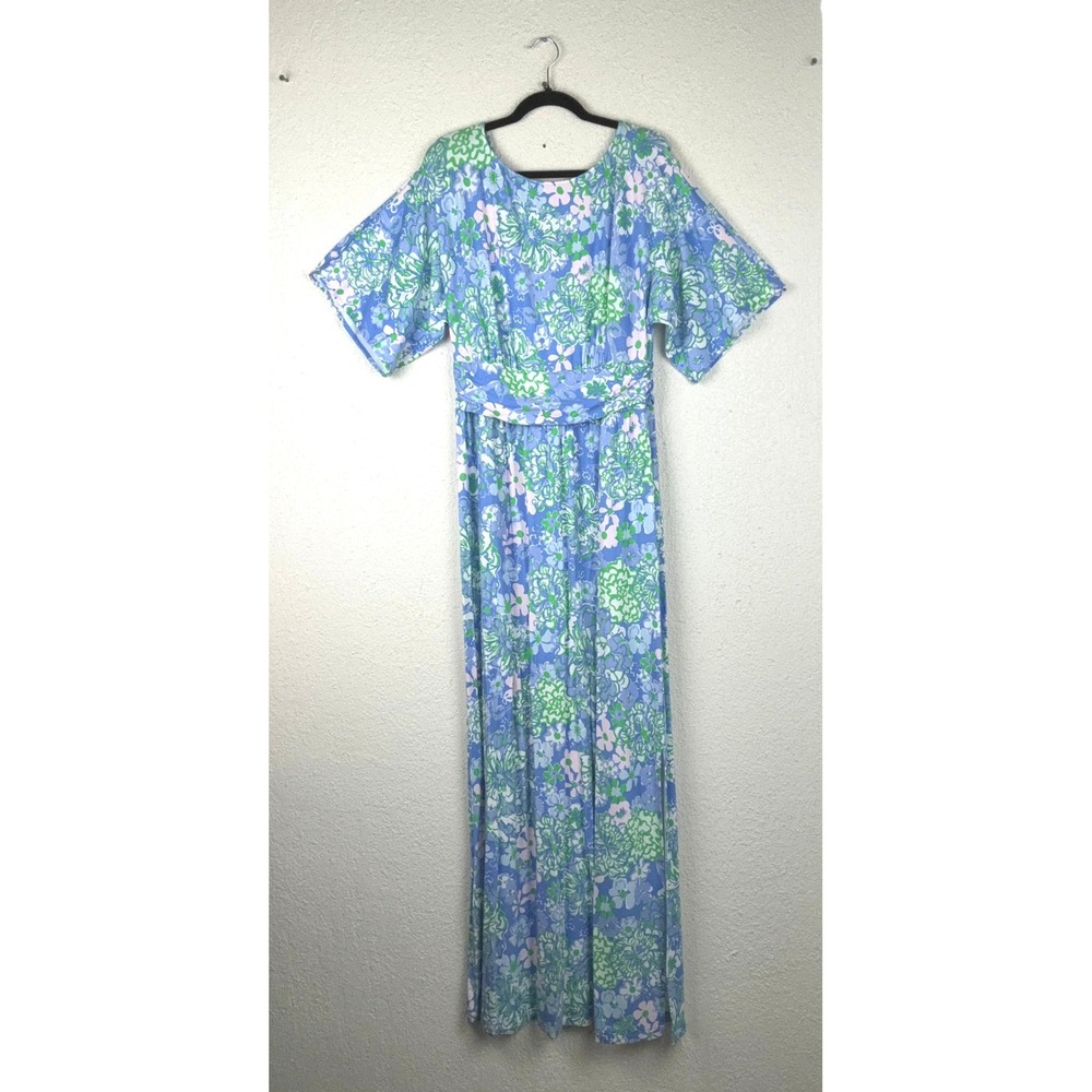Lilly Pulitzer Blue Parigi Maxi Dress - L- Floral Flutter Sleeve Cruise Fashion